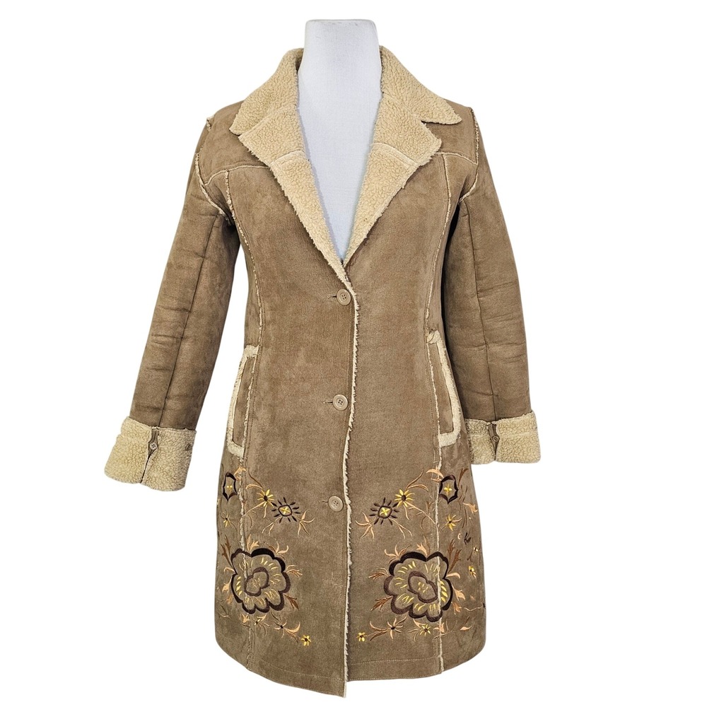 Bacci Tan Faux Suede Shearling Embroidered Floral Penny Lane Coat Womens Medium